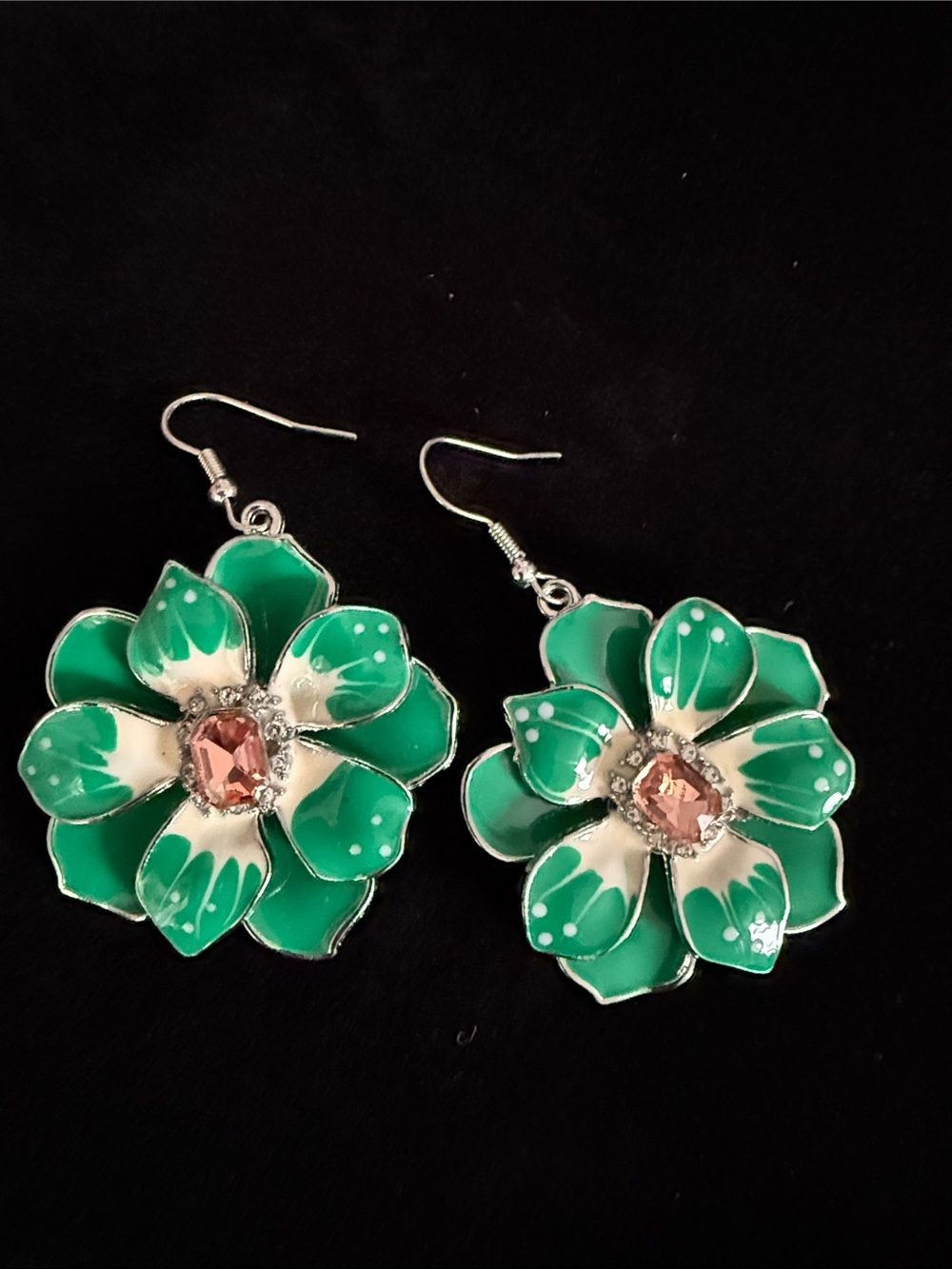 New Women’s 2” Green Floral Drop 2 layer Earrings with Pink Crystal Center